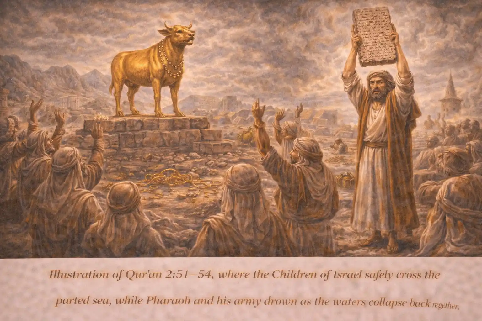 Illustration for Qur’an 2:51–54 — the golden calf trial and the call to repent.