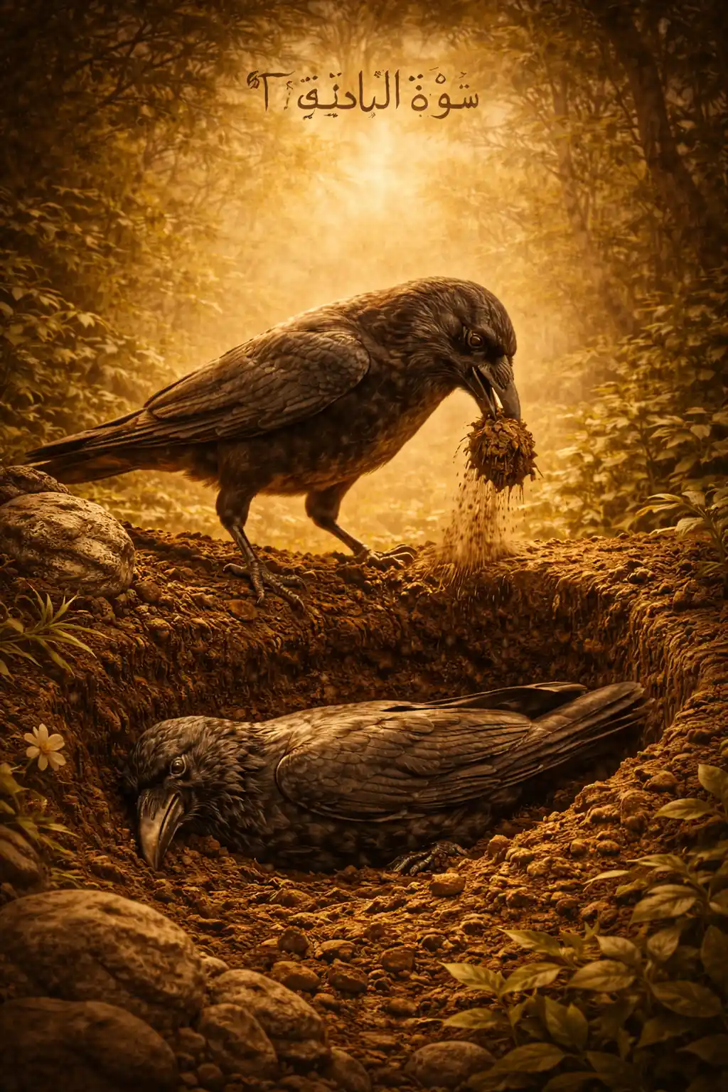 Illustration for 5:31 — The crow scratches the earth to show burial.