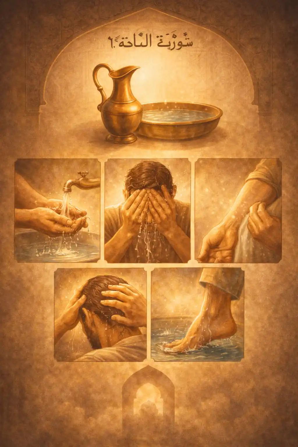Illustration for 5:6 — Wudu steps (wash face, arms, wipe head, wash feet).